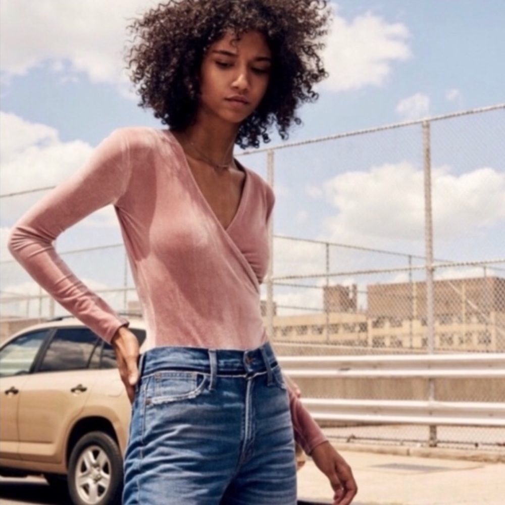 Madewell Dusty Pink Velvet Ballet Wrap Long Sleeve Top